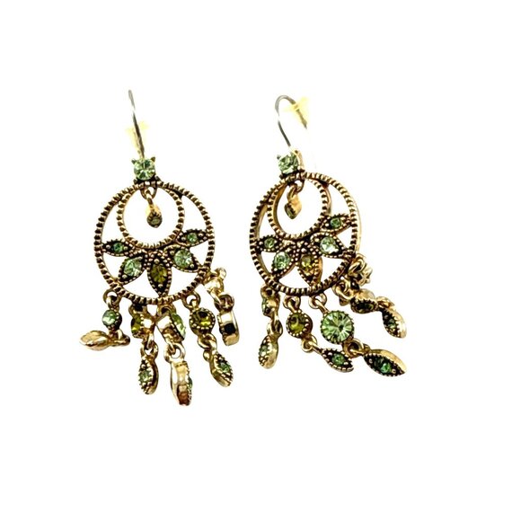Vintage Green Rhinestone Dangle Earrings Boho Chandelier Drop Pierced - Picture 7 of 9